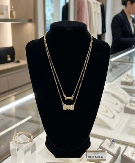 Double Bow Gold Tone Necklace Adorned with Rhinestones