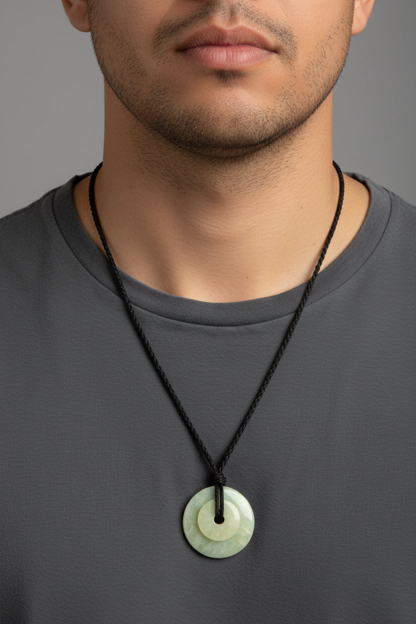 Necklace - Natural Green Jade - Pendant - Ping An Kou Cord