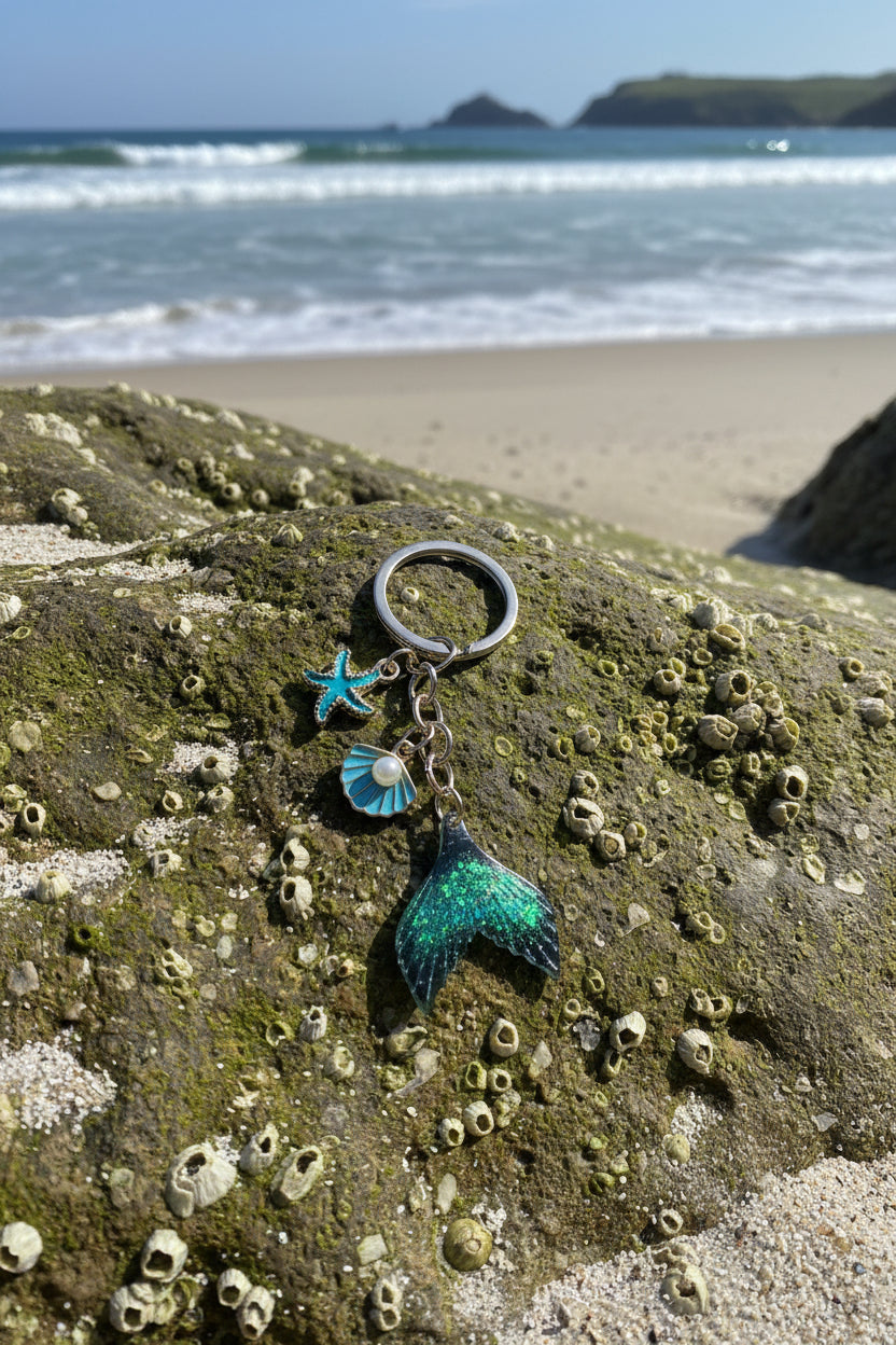 Keychain - Gold Tone - Mermaid Tail Starfish & Seashell - Bright Blue