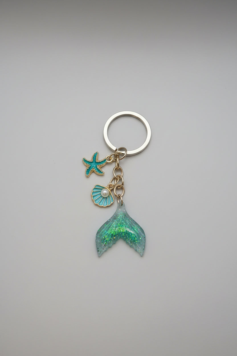 Keychain - Gold Tone - Mermaid Tail Starfish & Seashell - Bright Blue