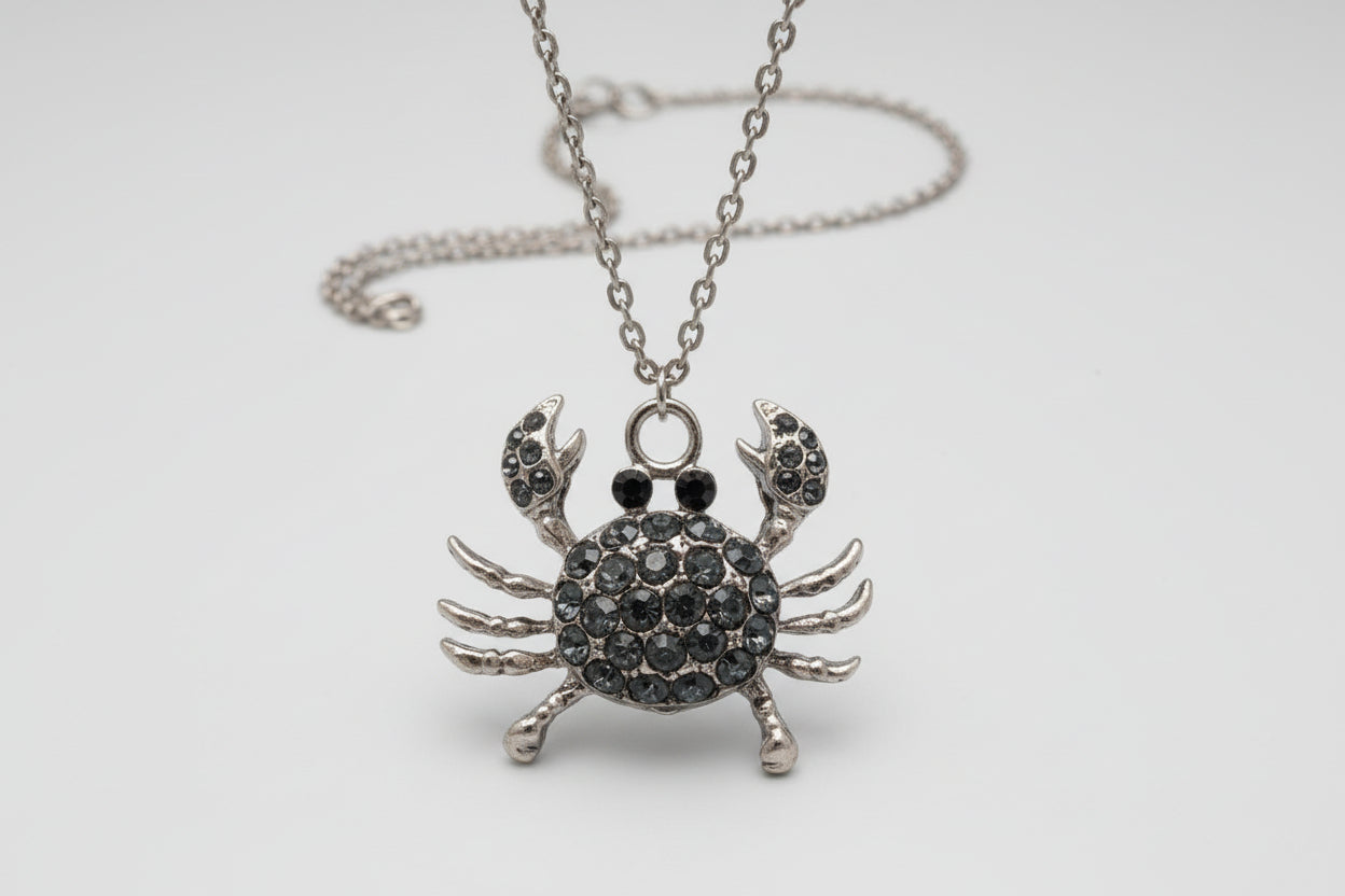 Midnight Black and Silver Crab Pendant Necklace