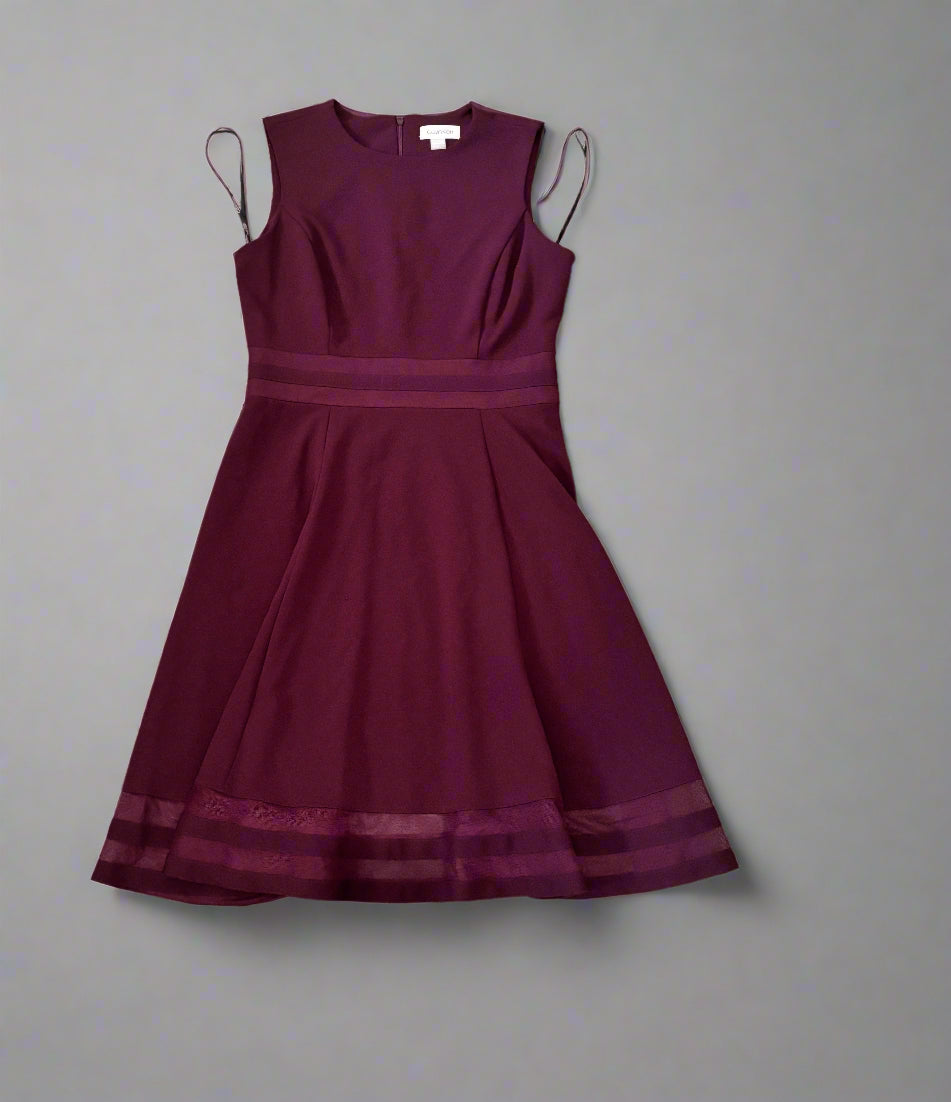 Dress - Calvin Klein - Fit and Flare with Illusion Trim Details - Burgundy - Size 6