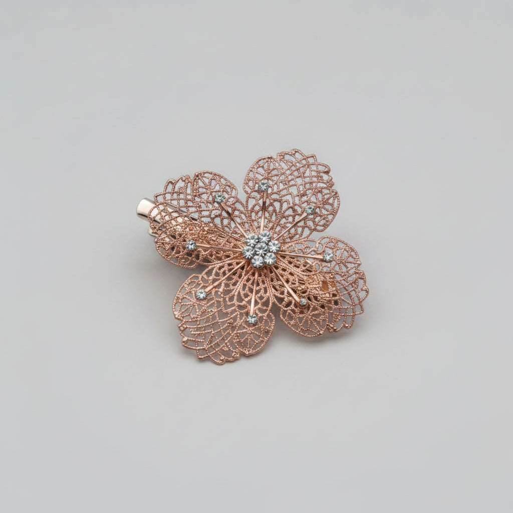 Hair Clip - Rose Gold - Filigree - Clover - Flower - with Rhinestones