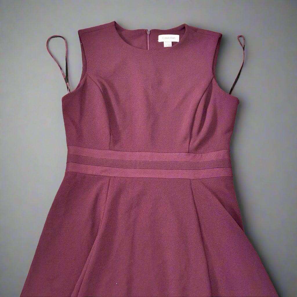 Dress - Calvin Klein - Fit and Flare with Illusion Trim Details - Burgundy - Size 6
