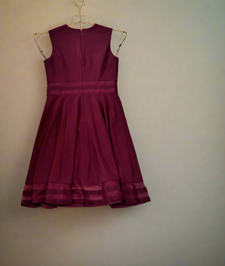 Dress - Calvin Klein - Fit and Flare with Illusion Trim Details - Burgundy - Size 6