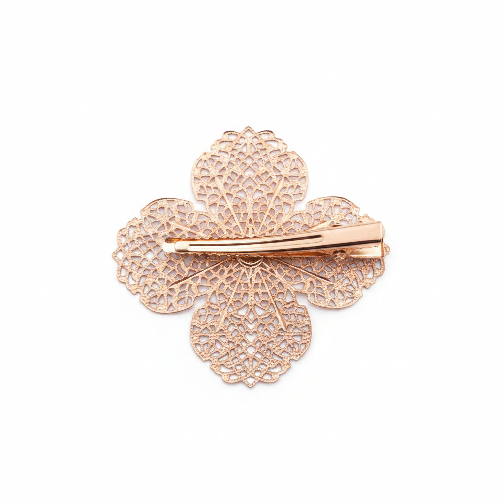 Hair Clip - Rose Gold - Filigree - Clover - Flower - with Rhinestones
