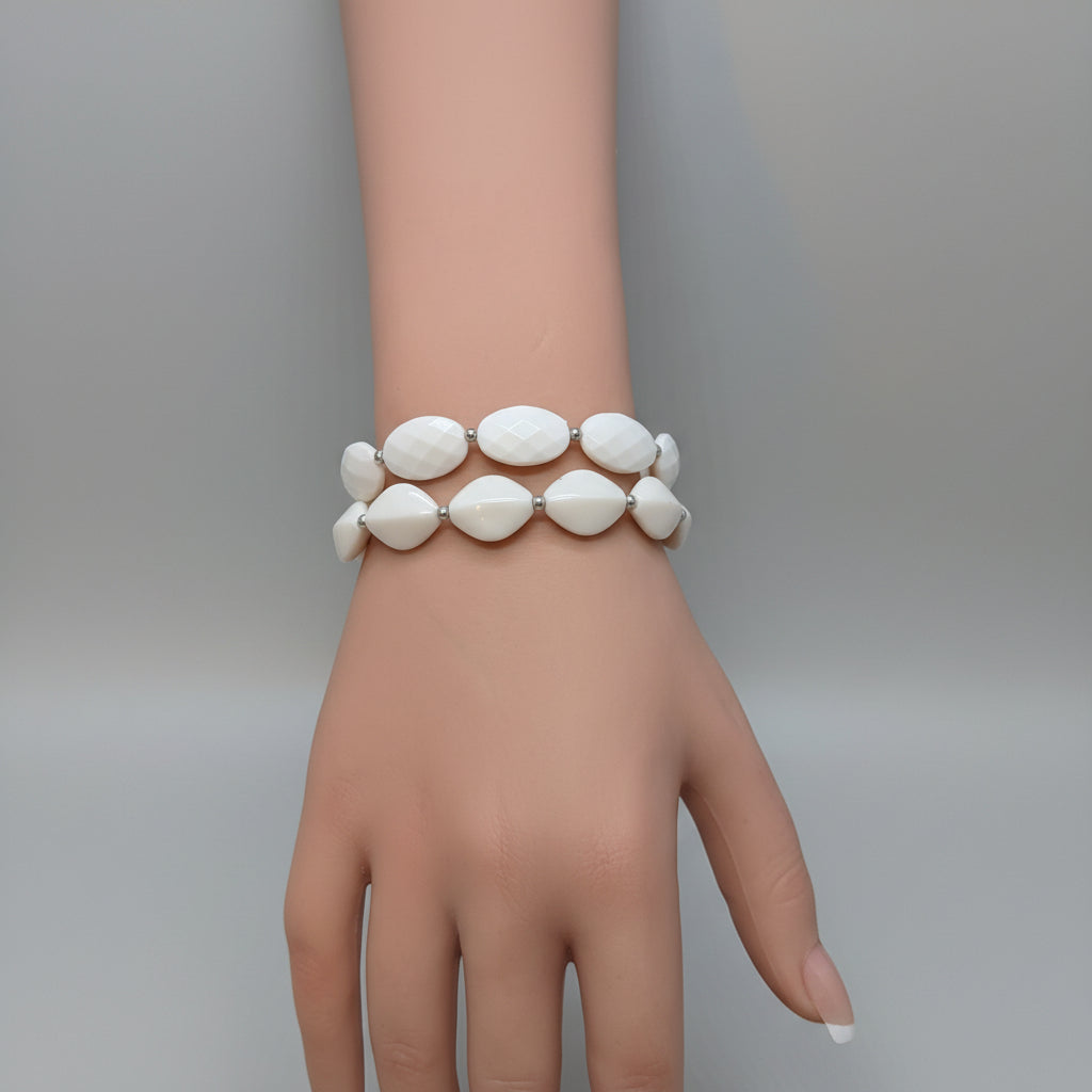 Bracelets - Stretch - Vintage - Creamy White - Elongated Diamond Shaped Beads - Set of Two