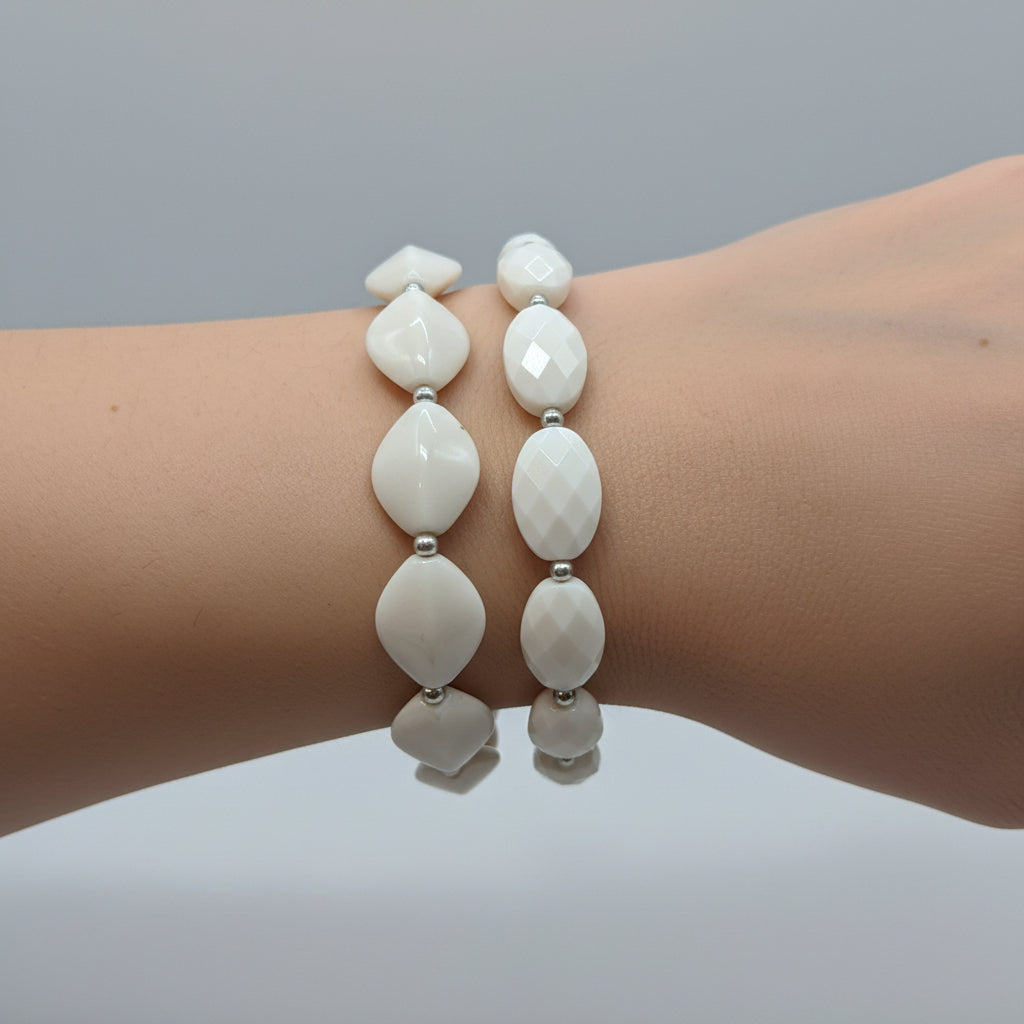 Bracelets - Stretch - Vintage - Creamy White - Elongated Diamond Shaped Beads - Set of Two