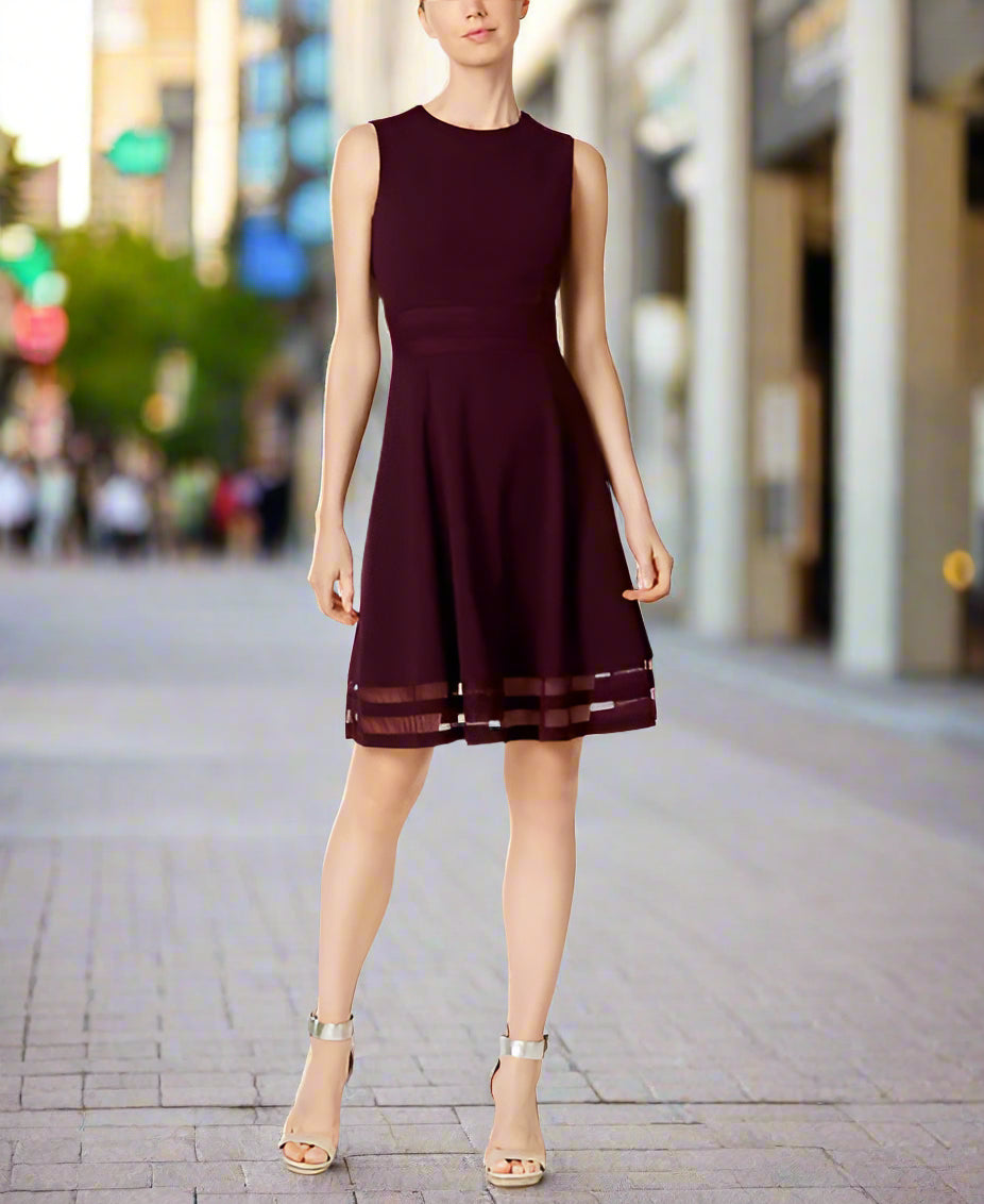 Dress - Calvin Klein - Fit and Flare with Illusion Trim Details - Burgundy - Size 6