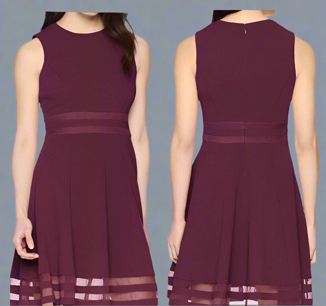 Dress - Calvin Klein - Fit and Flare with Illusion Trim Details - Burgundy - Size 6