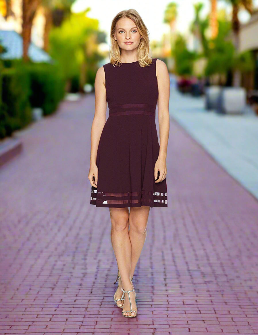 Dress - Calvin Klein - Fit and Flare with Illusion Trim Details - Burgundy - Size 6
