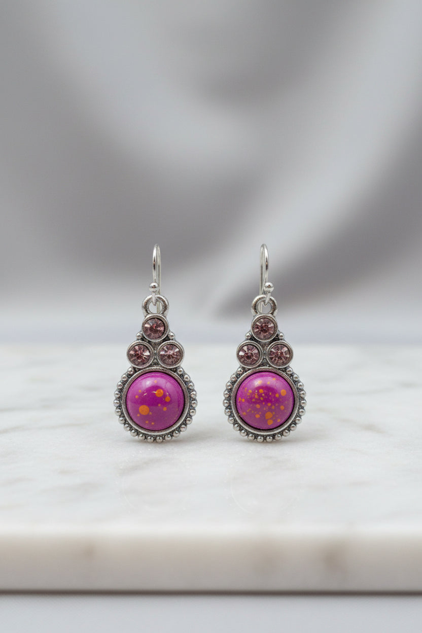 Earrings - Silver Tone - Magenta with Orange and Pink Splatters