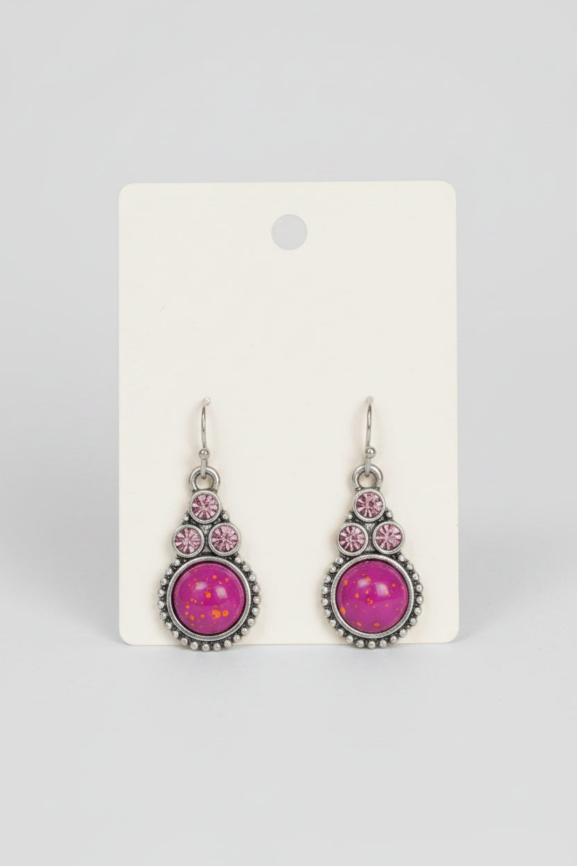 Earrings - Silver Tone - Magenta with Orange and Pink Splatters