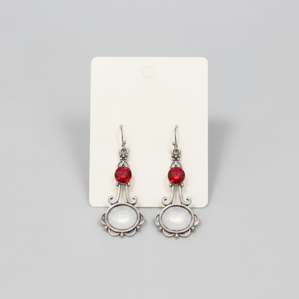Earrings - Silver-Toned - Swirls Paired - with Vibrant Red Rhinestone - White Moonstone