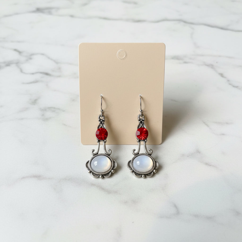 Earrings - Silver-Toned - Swirls Paired - with Vibrant Red Rhinestone - White Moonstone