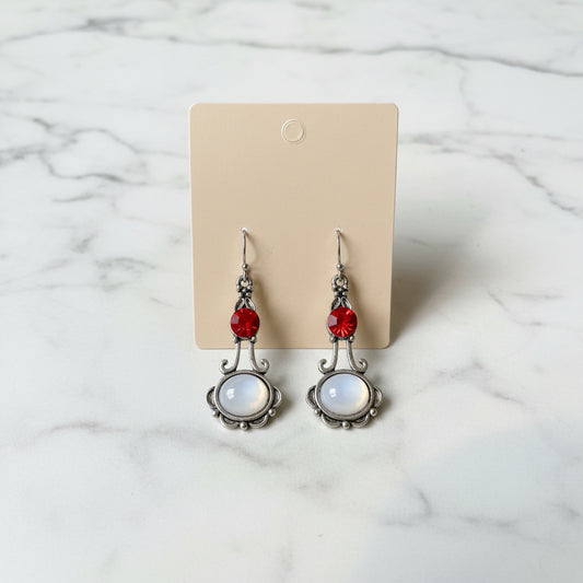Earrings - Silver-Toned - Swirls Paired - with Vibrant Red Rhinestone - White Moonstone