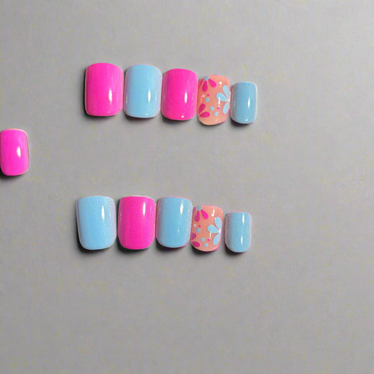 Press on Nails - Bubble Gum Pink and Pastel Blue with Flowers