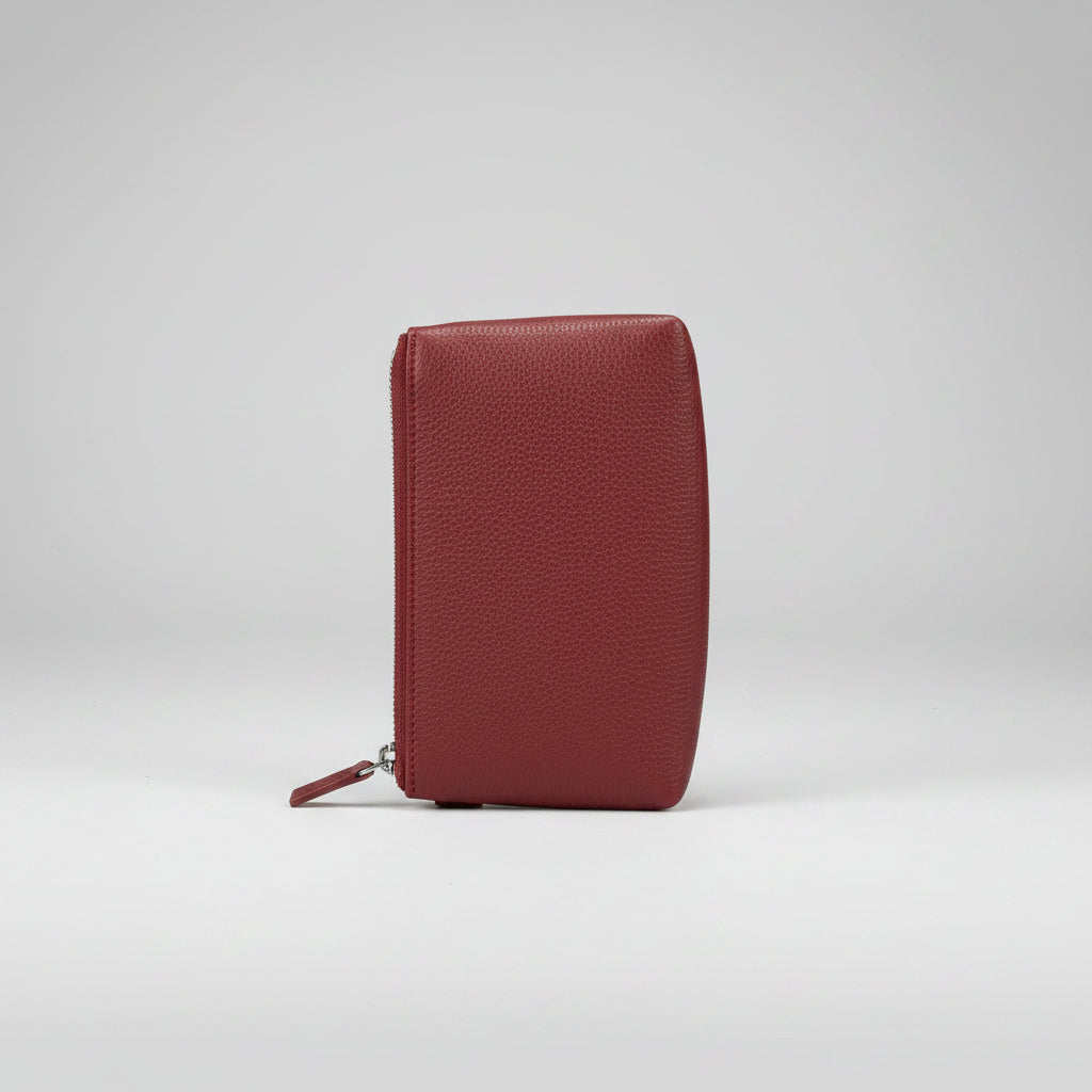 Cosmetic Bag - Rich Pebble Grain - Deep Burgundy - Polished Silver Tone