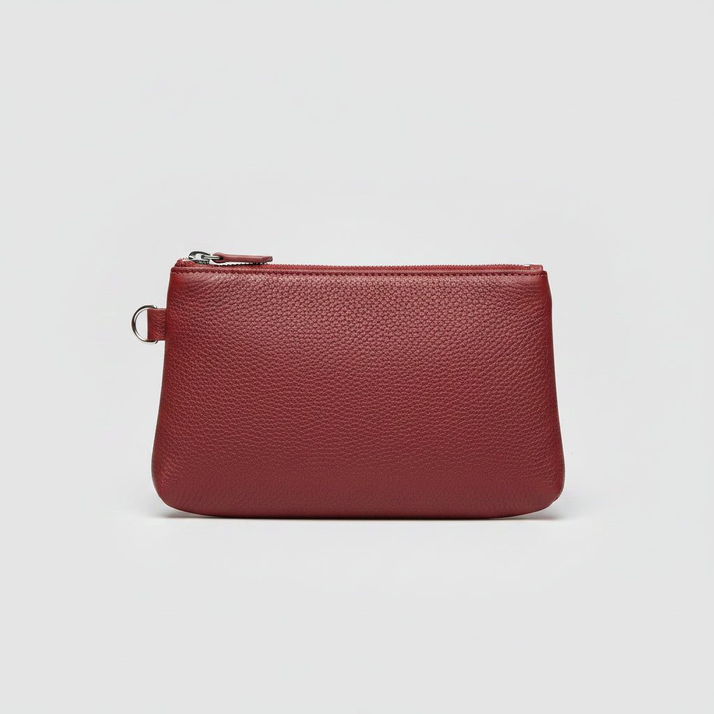 Cosmetic Bag - Rich Pebble Grain - Deep Burgundy - Polished Silver Tone