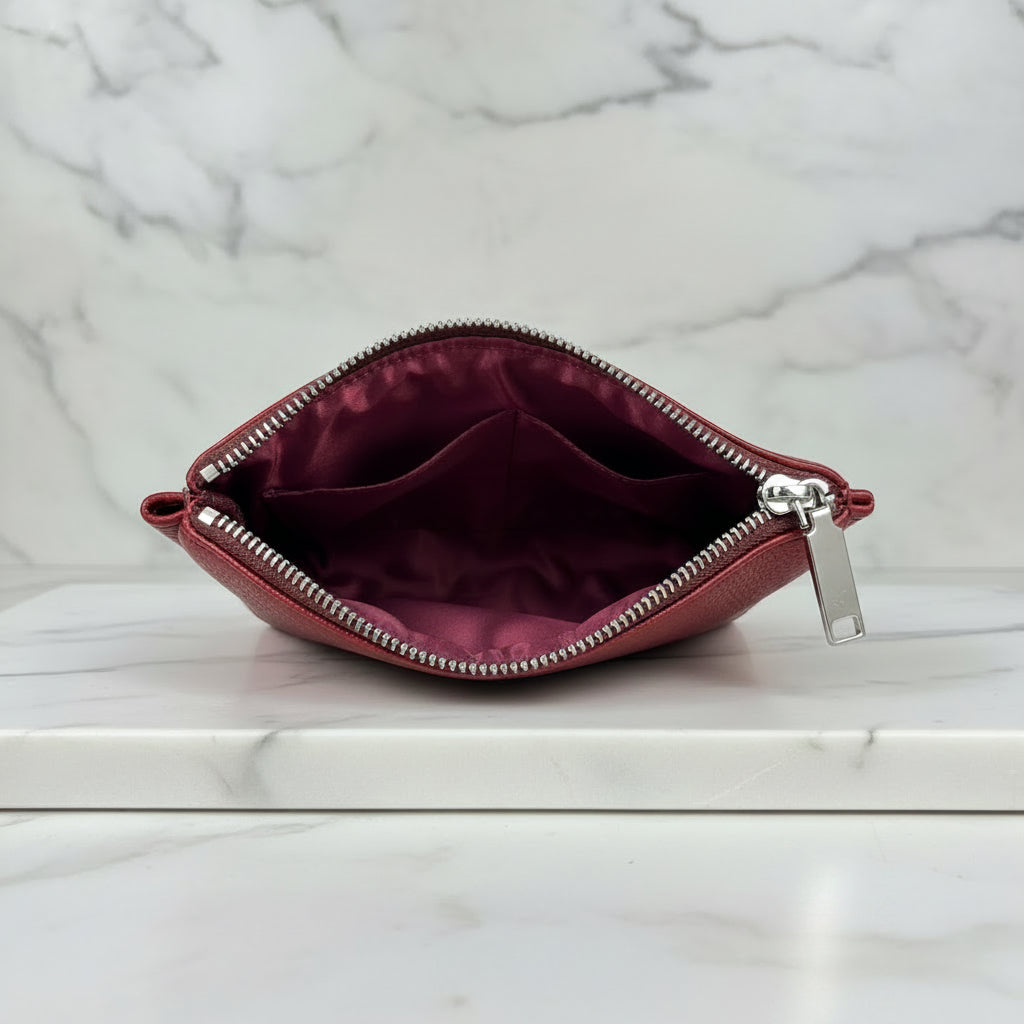 Cosmetic Bag - Rich Pebble Grain - Deep Burgundy - Polished Silver Tone