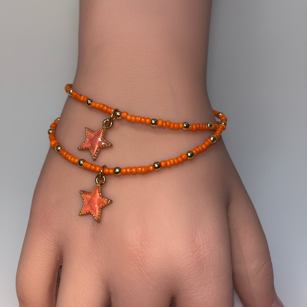 Bracelet - Double Strand - Orange Seed Beads - with Two Star Charms