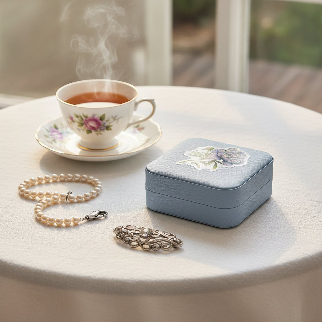 Jewelry Case - Soft Light Blue -  Peony - Travel Jewelry Box