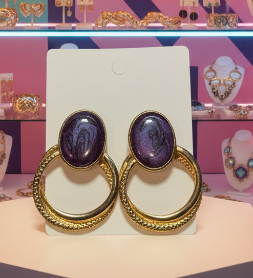 Earrings - Purple Enamel Oval Center - with Swirl Gold Tone Detail