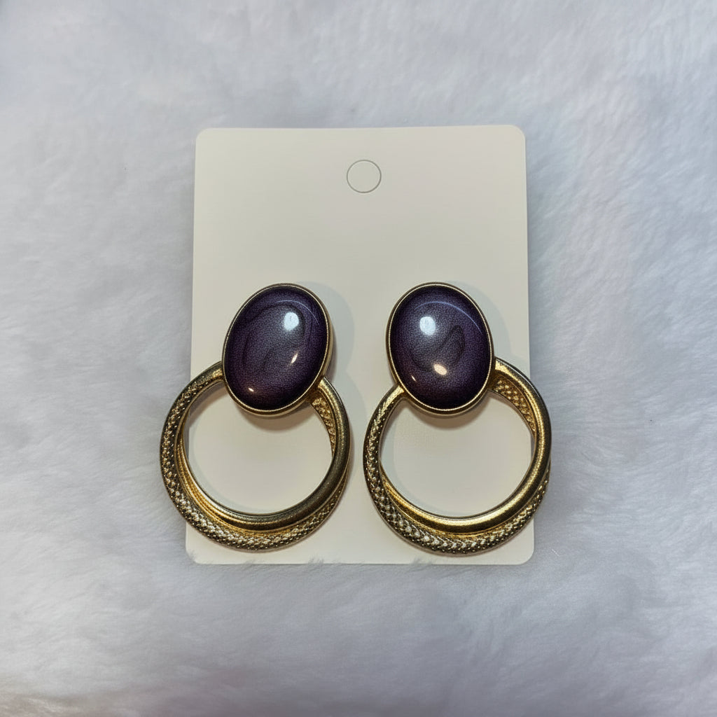 Earrings - Purple Enamel Oval Center - with Swirl Gold Tone Detail