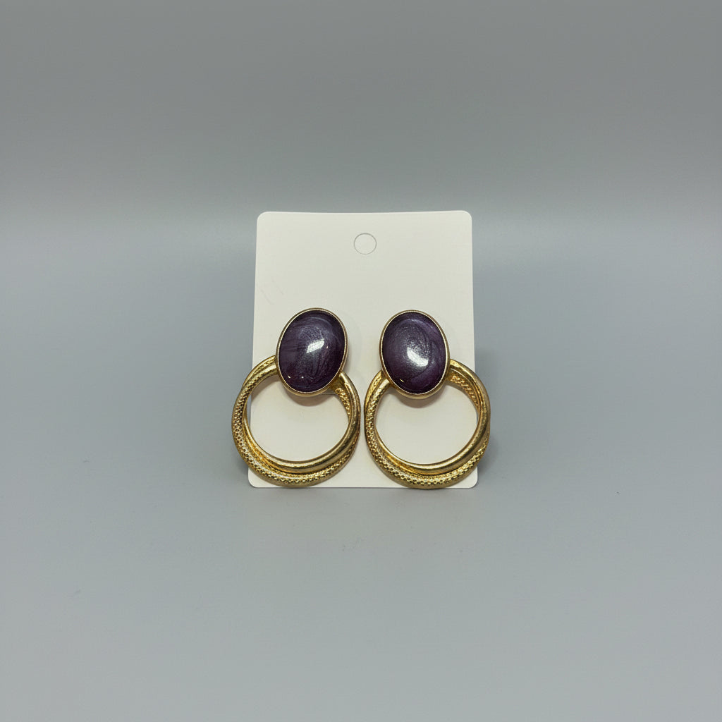 Earrings - Purple Enamel Oval Center - with Swirl Gold Tone Detail