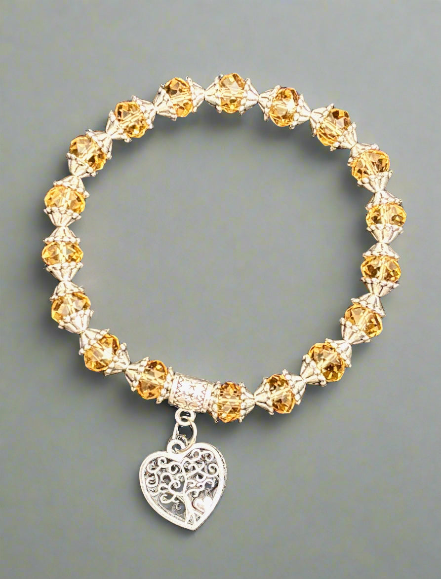 Bracelet - Amber Faceted Crystal with Tree of life Charm