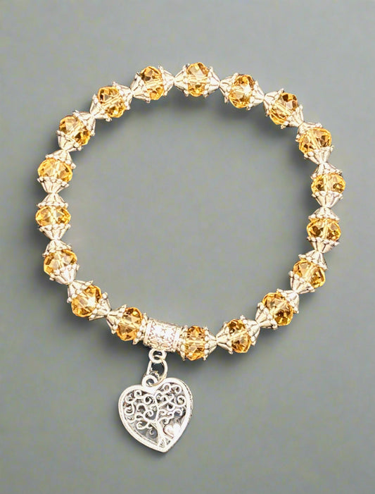 Bracelet - Amber Faceted Crystal with Tree of life Charm
