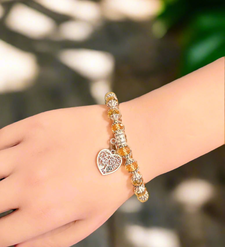 Bracelet - Amber Faceted Crystal with Tree of life Charm
