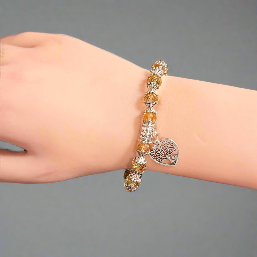 Bracelet - Amber Faceted Crystal with Tree of life Charm