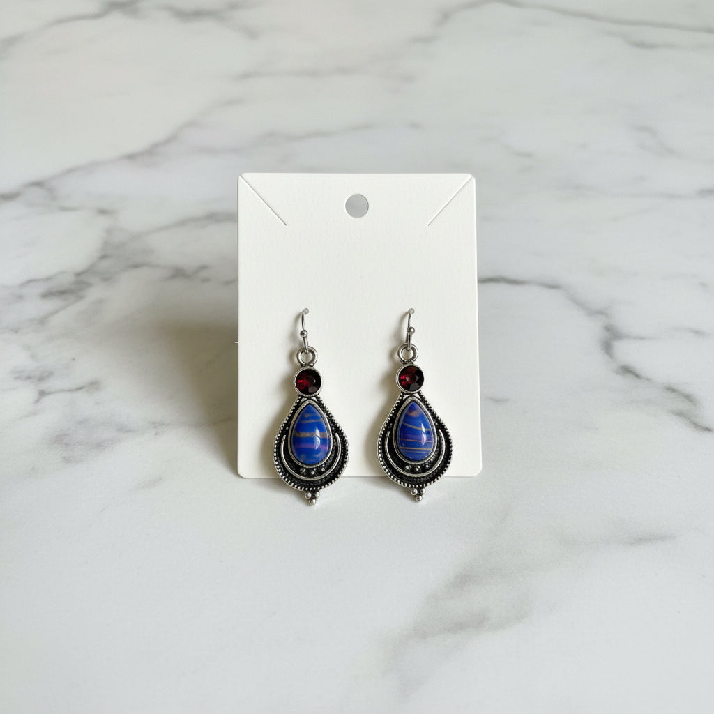 Earrings - Silver Tone - Striped Blue Stone with Garnet