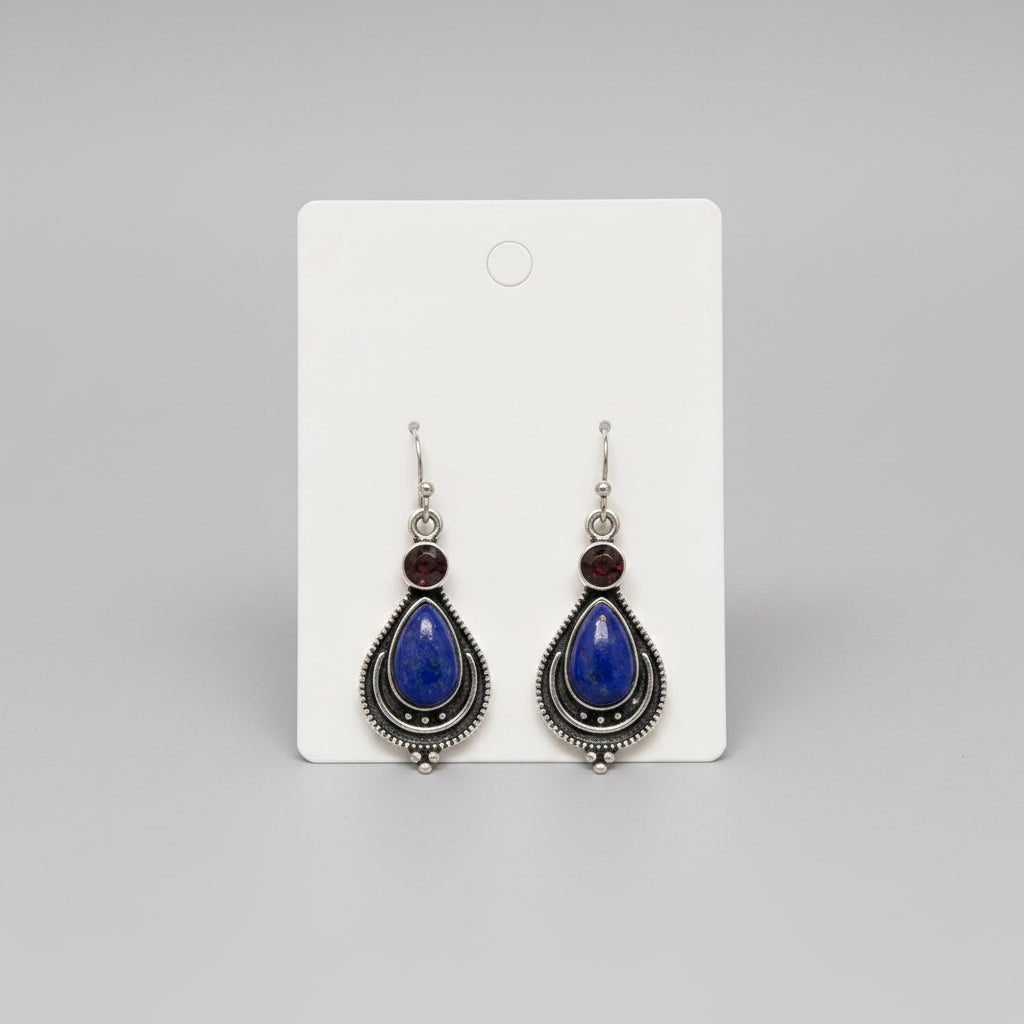 Earrings - Silver Tone - Striped Blue Stone with Garnet
