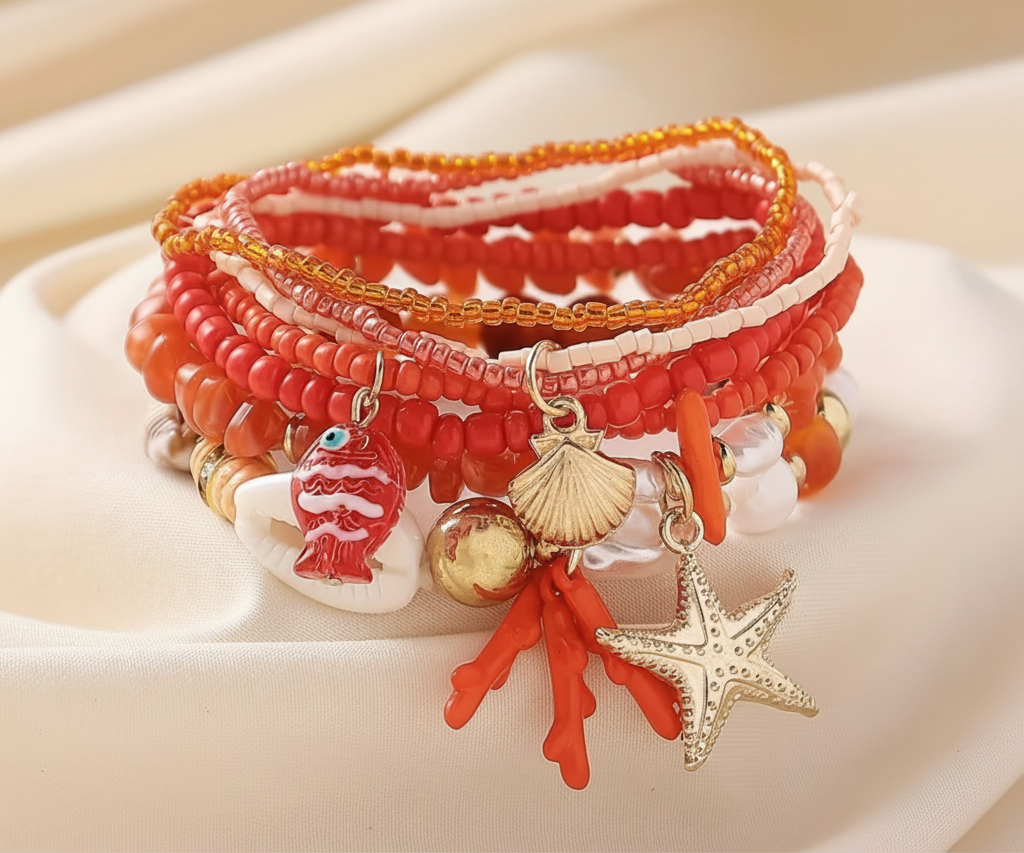 Bracelets - Set of Six - Ocean Theme - Mix of Orange