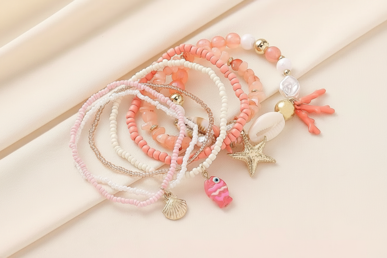 Bracelets - Set of Six - Ocean Theme - Mix of Orange