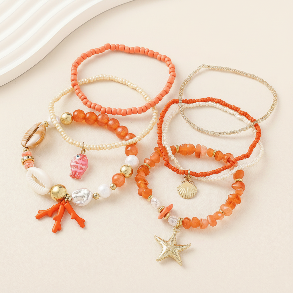 Bracelets - Set of Six - Ocean Theme - Mix of Orange