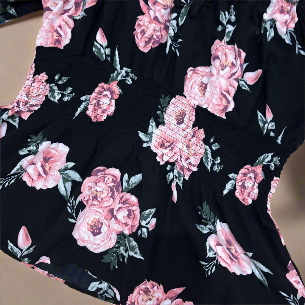 Juniors Blouse - No Boundaries - Black with Pink Floral