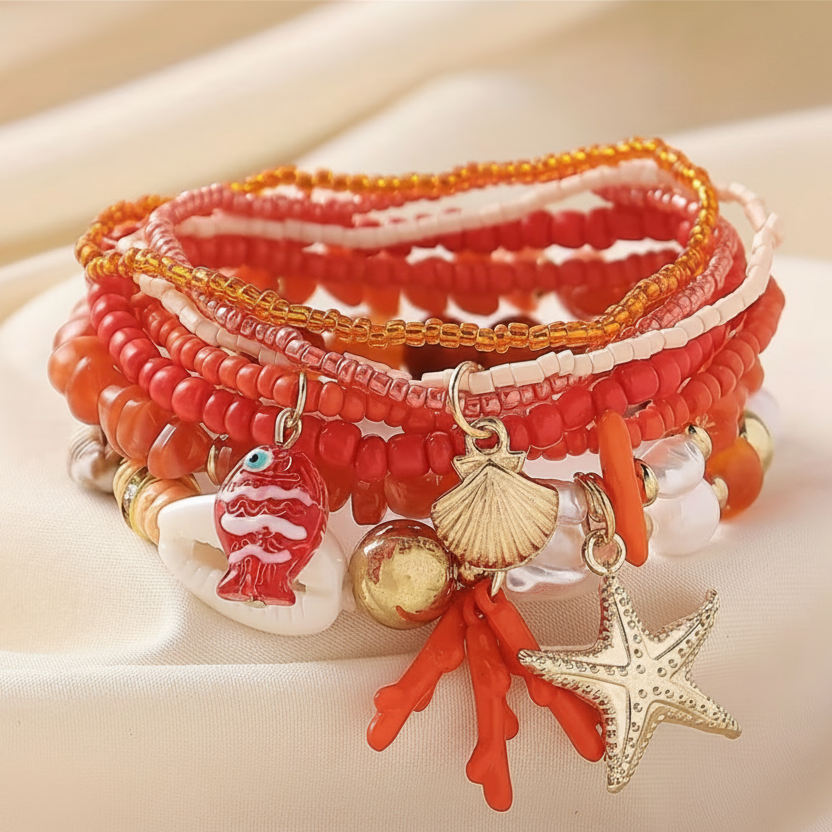 Bracelets - Set of Six - Ocean Theme - Mix of Orange