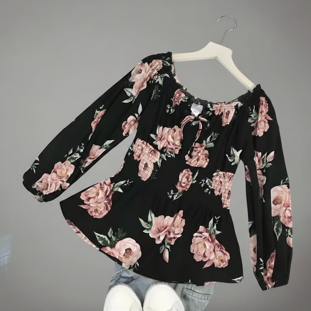 Juniors Blouse - No Boundaries - Black with Pink Floral