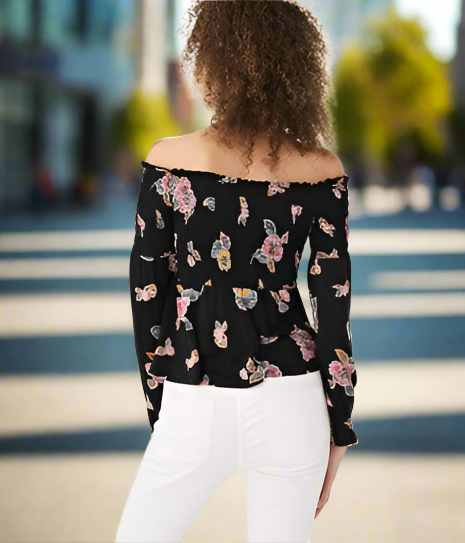 Juniors Blouse - No Boundaries - Black with Pink Floral