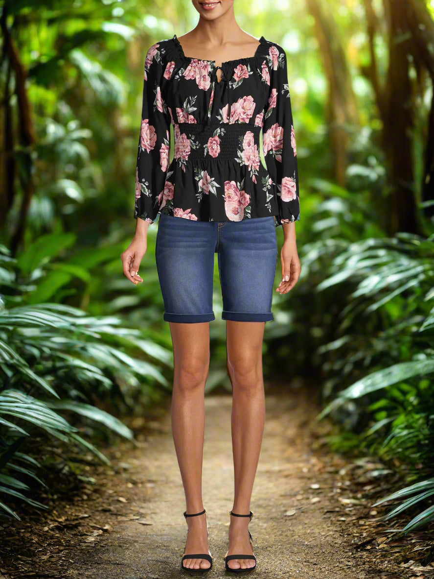 Juniors Blouse - No Boundaries - Black with Pink Floral