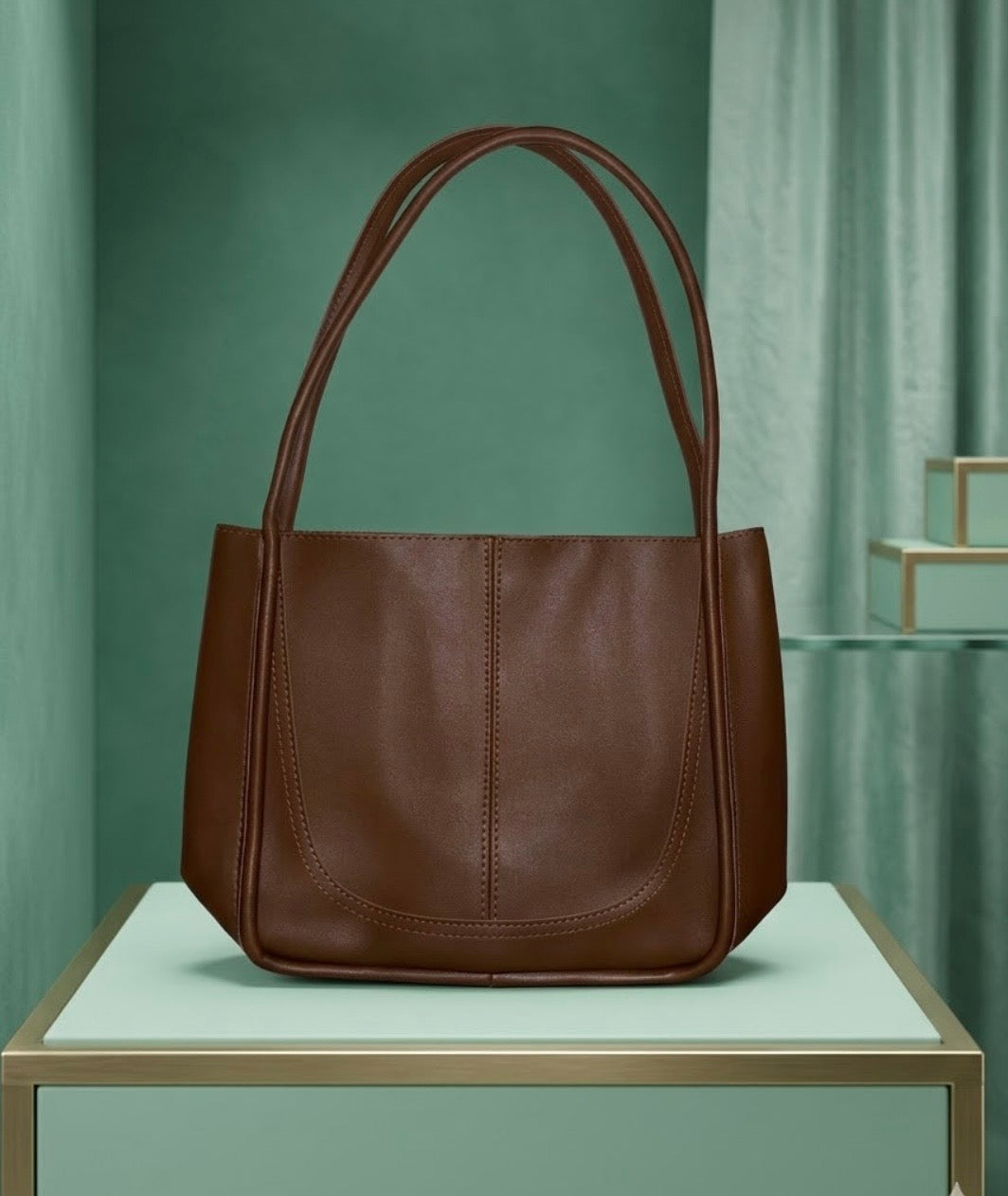 Handbag - Large - PU Leather - East West Shape Snap Closure