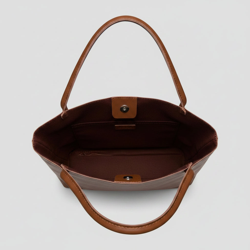 Handbag - Large - PU Leather - East West Shape Snap Closure