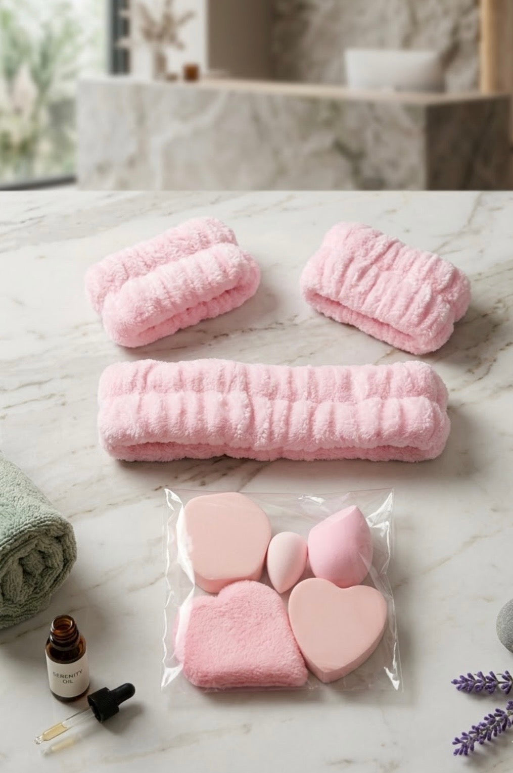 Plush Pink Spa Headband and Wristband Set with added 5 Piece Makeup Sponges