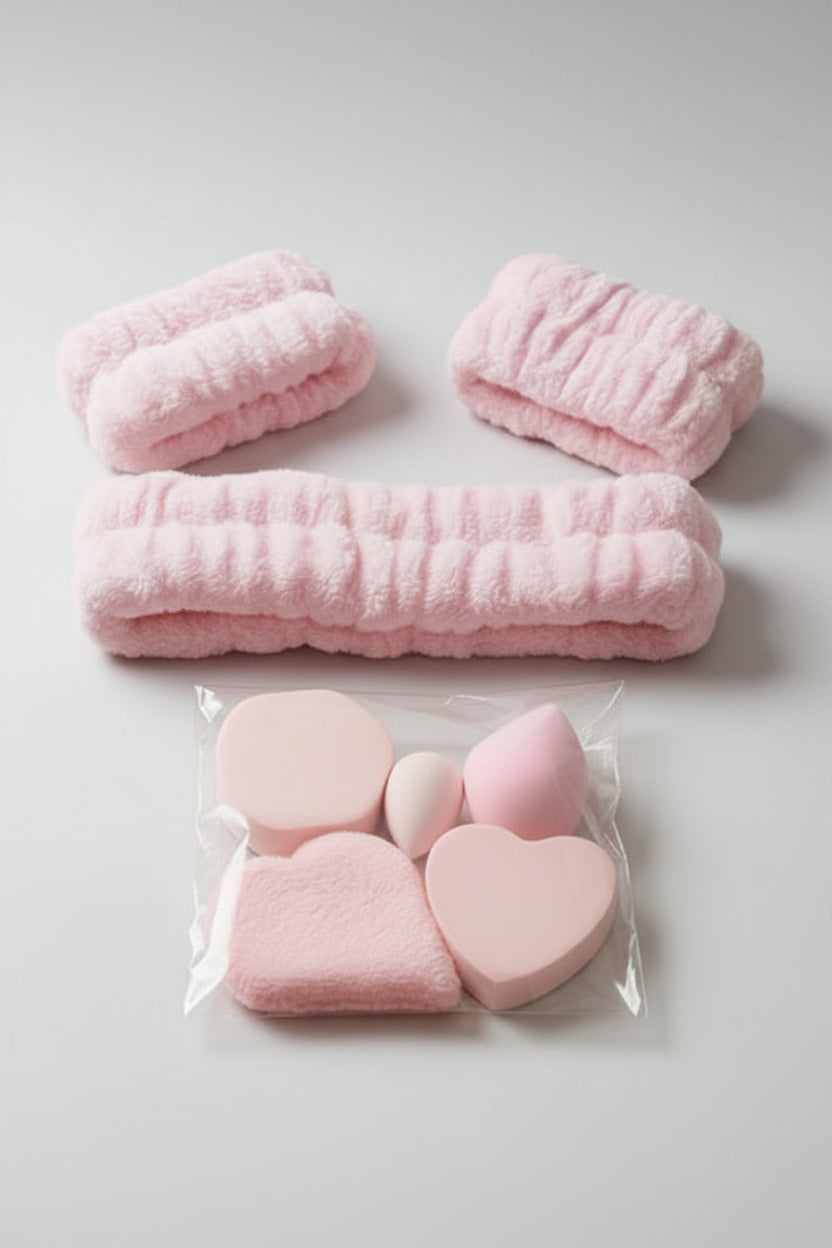 Plush Pink Spa Headband and Wristband Set with added 5 Piece Makeup Sponges