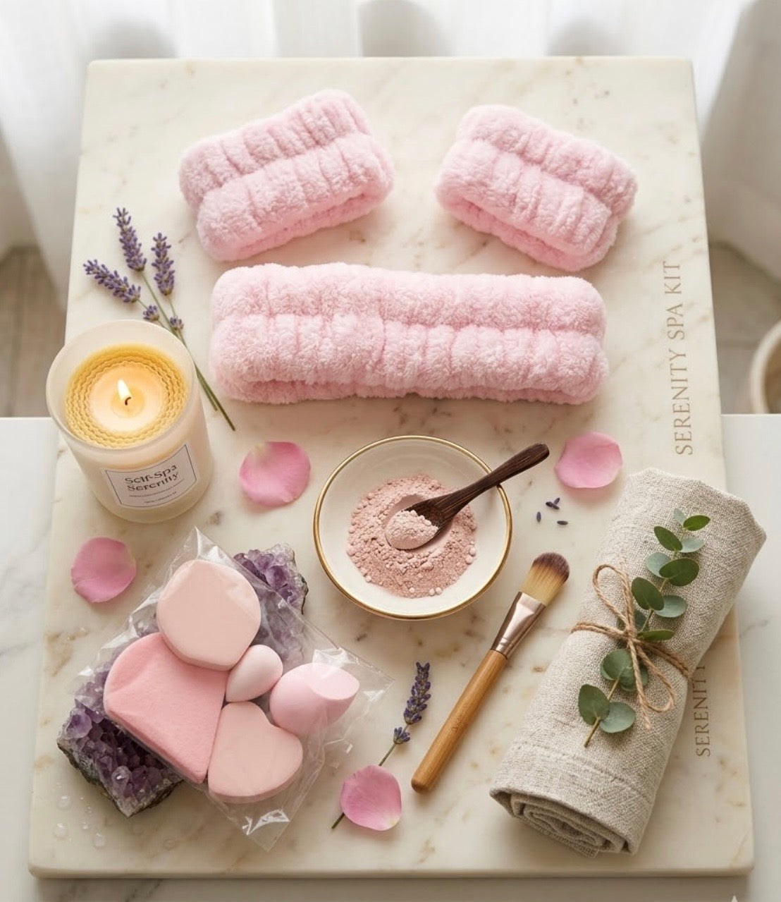 Plush Pink Spa Headband and Wristband Set with added 5 Piece Makeup Sponges