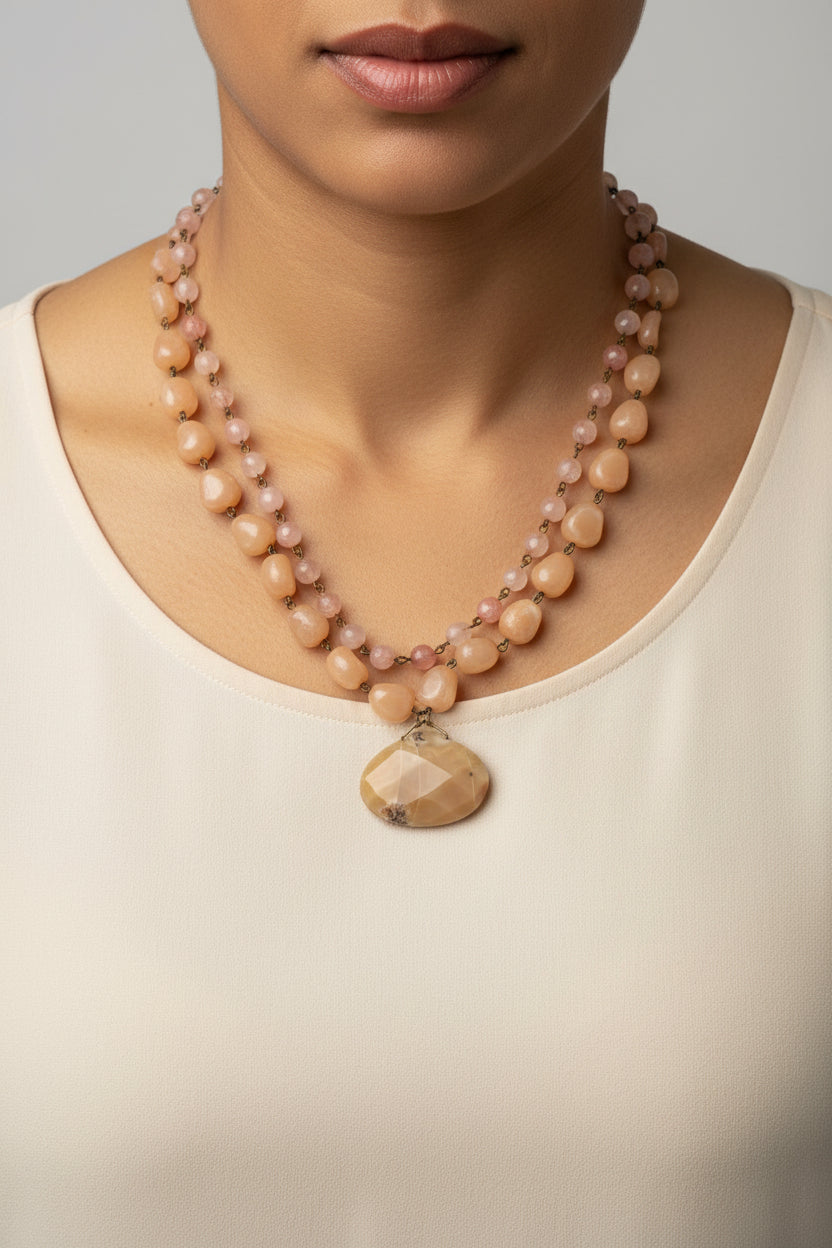 Necklace - Vintage - David Aubrey - Double Strand - Peach Moonstone & Natural Agate