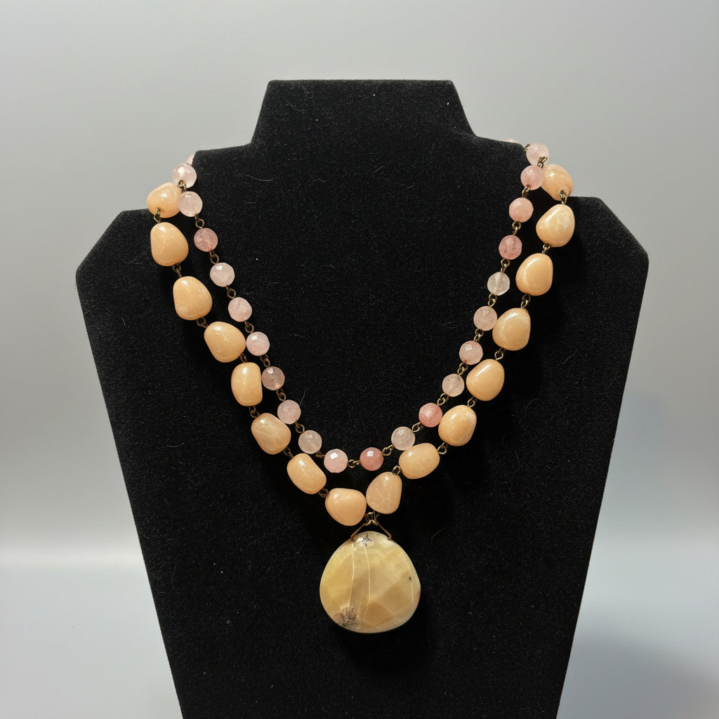 Necklace - Vintage - David Aubrey - Double Strand - Peach Moonstone & Natural Agate
